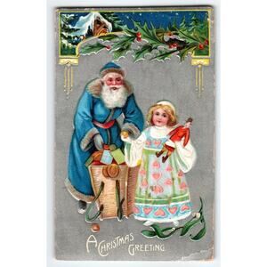Antique Blue Suit Santa Christmas Greeting Child Doll Embossed Silver Postcard